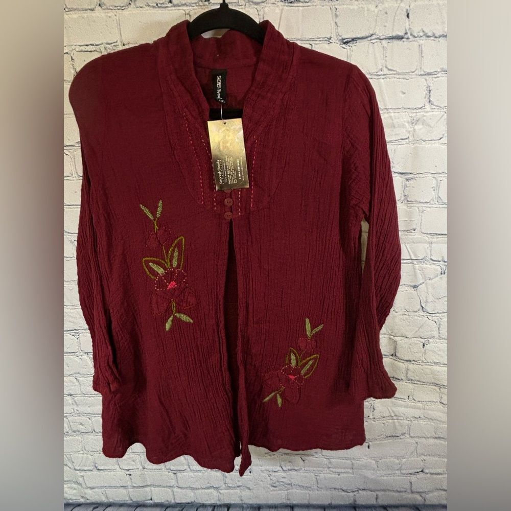 Sacred Threads Burgundy Embroidered Crinkle Cotton Long Sleeve Button Top M